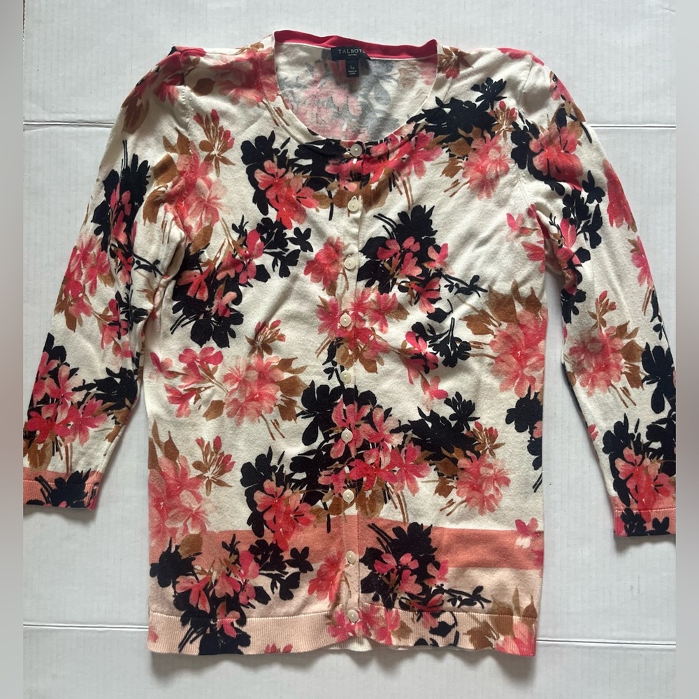 Talbots Floral Cardigan - Pink, Black, and Brown